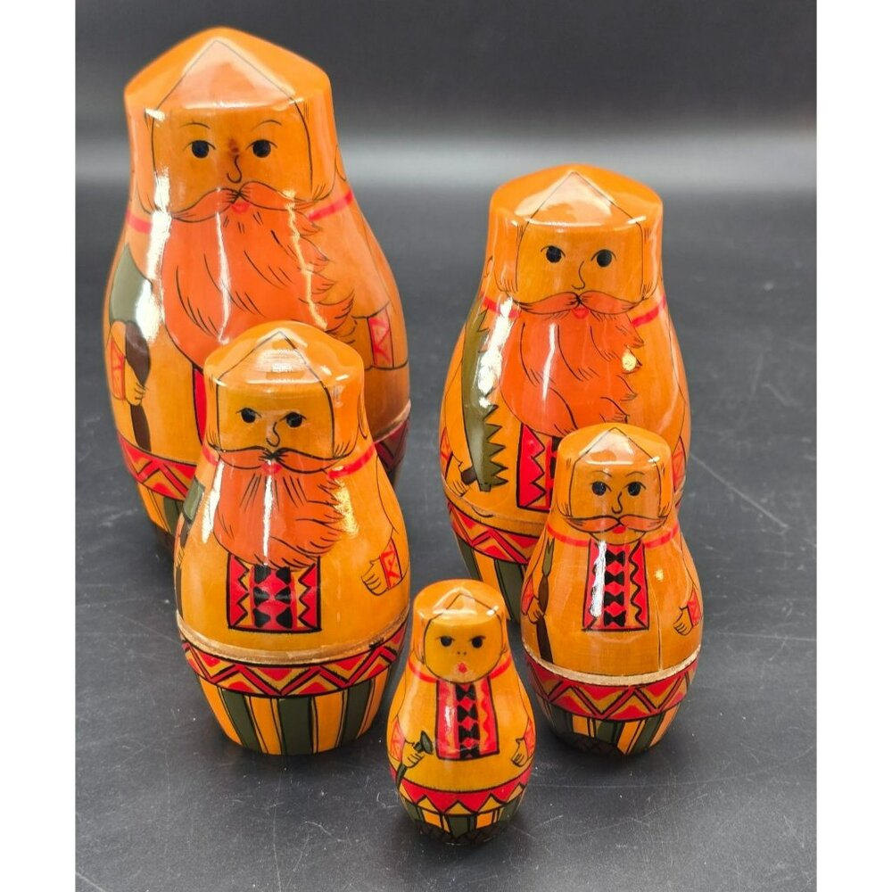 Vintage Russian Folklore Wooden Nesting Dolls Set Orange & Red CR2039